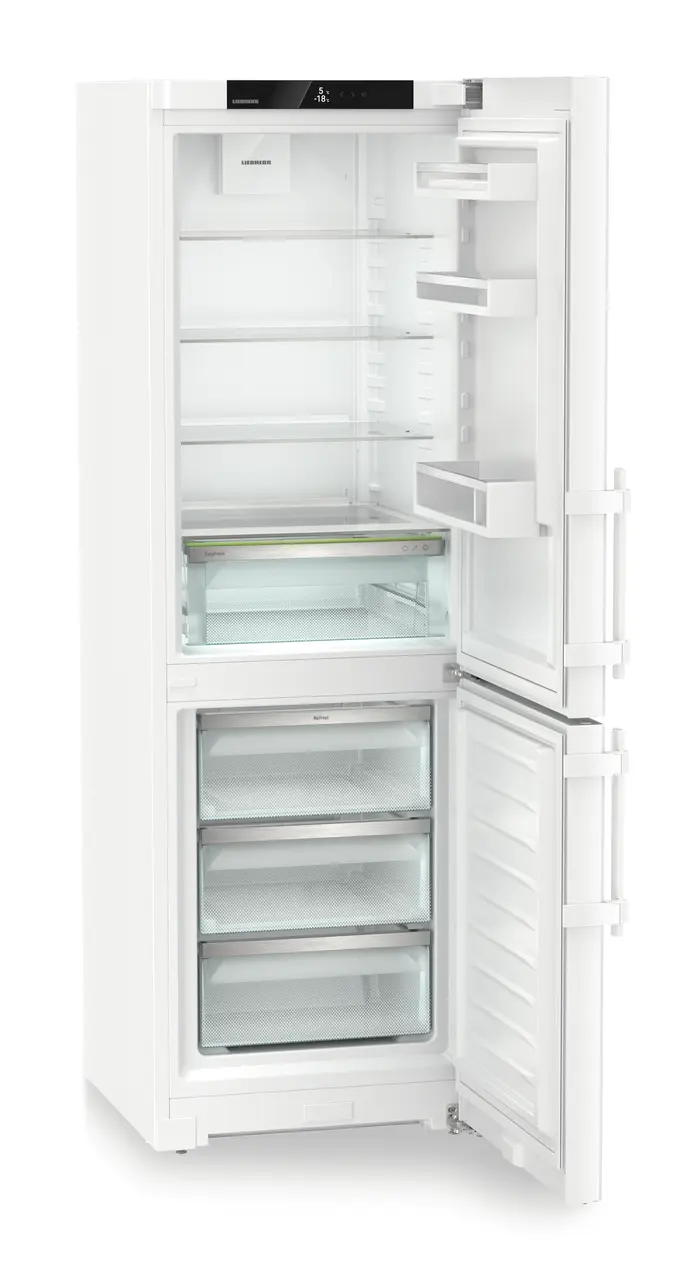 Obrázok produktu, Perspektíva: Šikmo, spotrebič otvorený, prázdny, Kombinácia chladničky a mrazničky s EasyFresh a NoFrost, Farba steny: Biely, Farba dverí: Biely