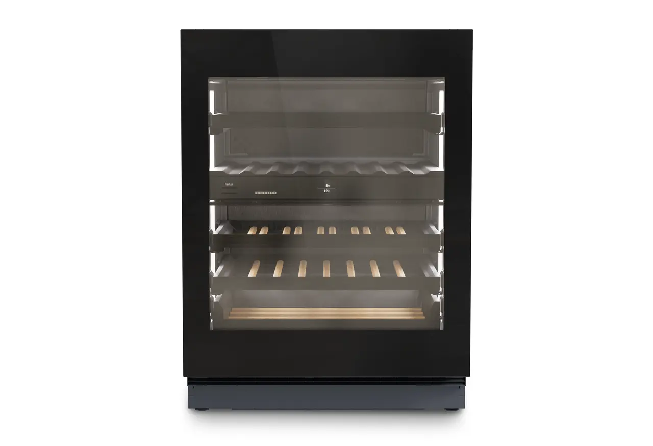 Изображение продукции, Перспектива: Прямо, с закрытой дверцей, без продуктов, Винный холодильник подходит для установки под столешницей для темперирования вина., Цвет корпуса: Антрацит