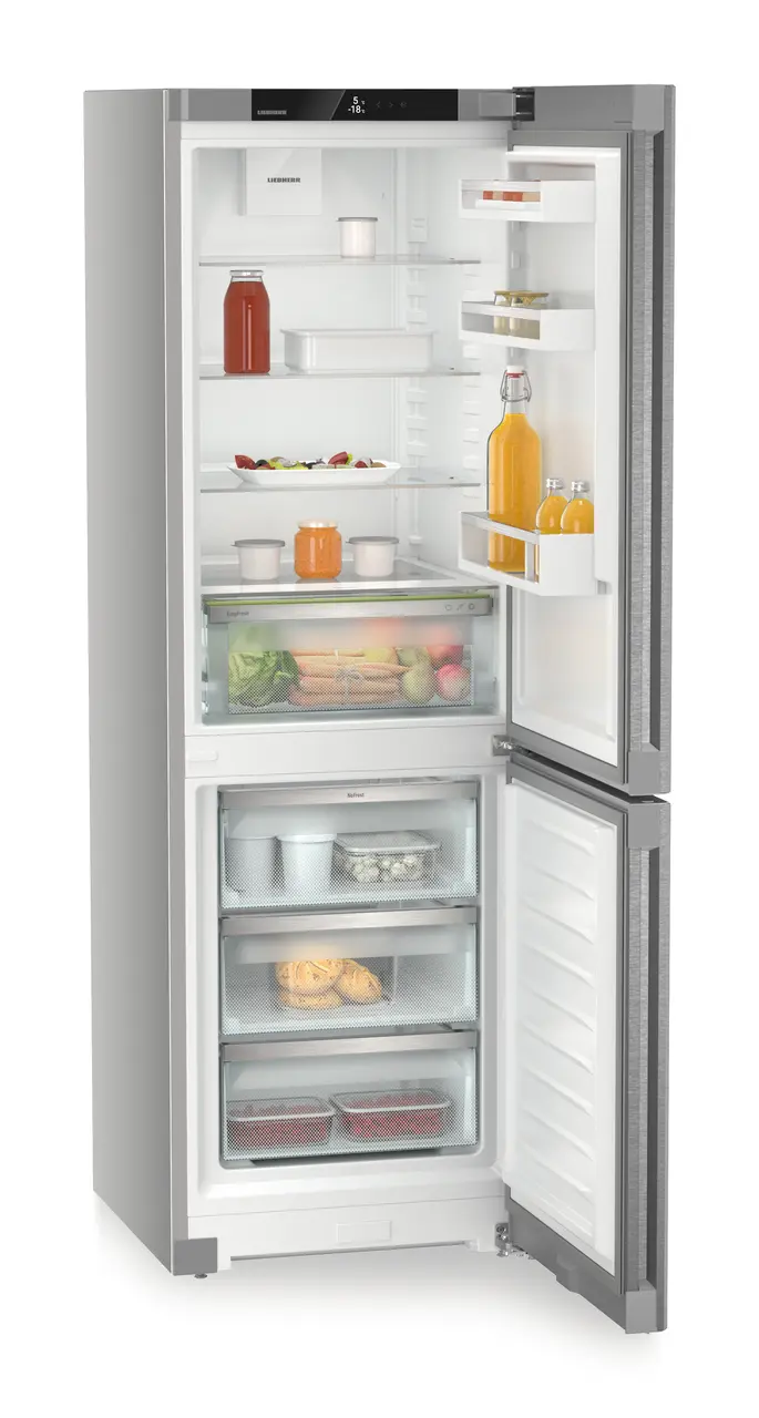 Product image, Perspective: oblique open decorated, Combined fridge-freezer with EasyFresh and NoFrost, Casing colour: silver, Door colour: stainless steel