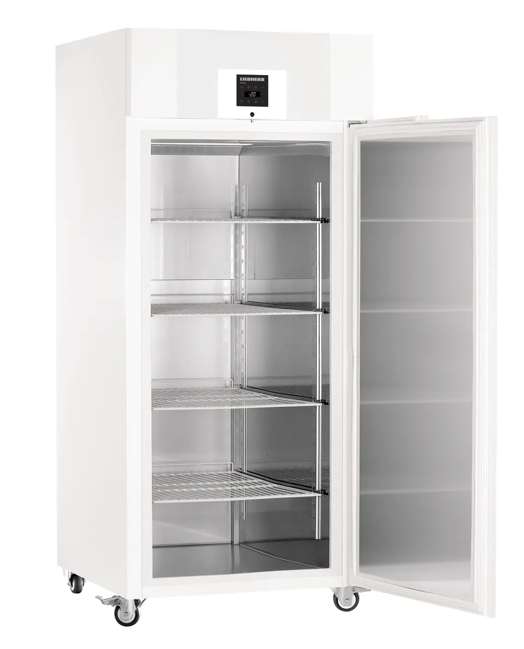 Product image, Perspective: oblique open empty, Lab freezer with Comfort electronic controller, Casing colour: white