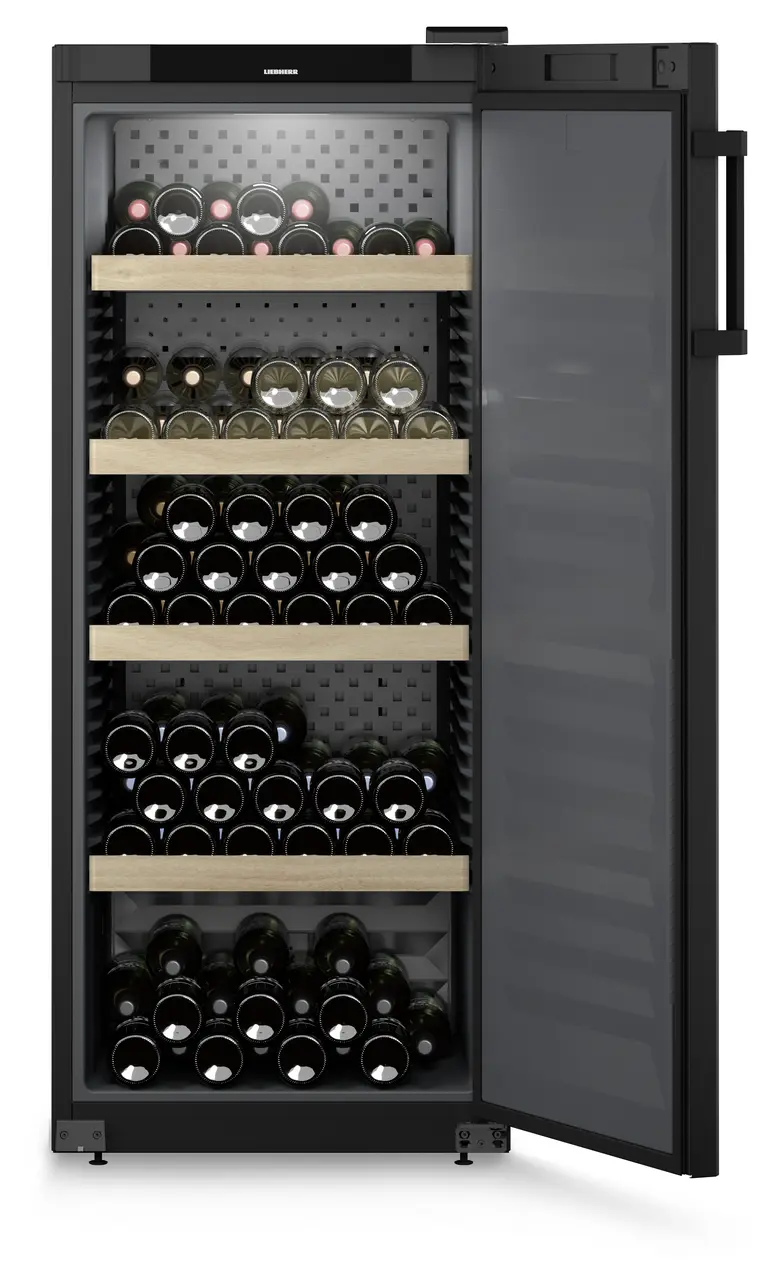 Product image, Perspective: straight open decorated, Wine storage cabinet, Casing colour: black, Door colour: black