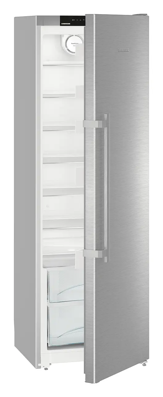 Product image, Perspective: oblique half-open empty, Refrigerator, Casing colour: silver, Door colour: stainless steel