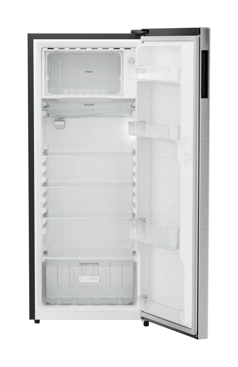 Product image, Perspective: straight open empty, Single-door refrigerator 222 l in 3 star with VegFresh box, Casing colour: grey, Door colour: Stainless Steel