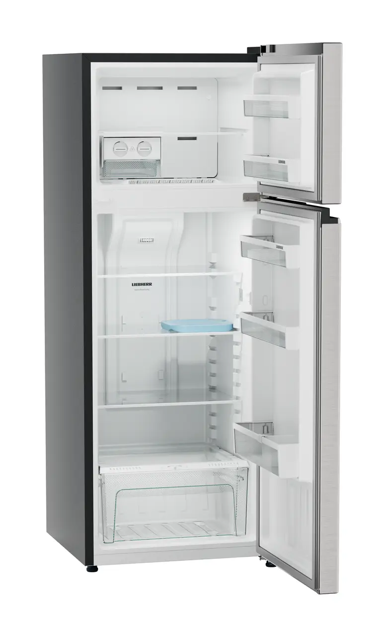 Product image, Perspective: oblique open empty, Fridge-freezer with NoFrost, Casing colour: grey, Door colour: Stainless Steel