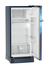 Product image, Perspective: oblique open empty, Single-door refrigerator 191 l with foot pedal base drawer and iCoolTouch UI, Casing colour: blue, Door colour: Blue Mystiq