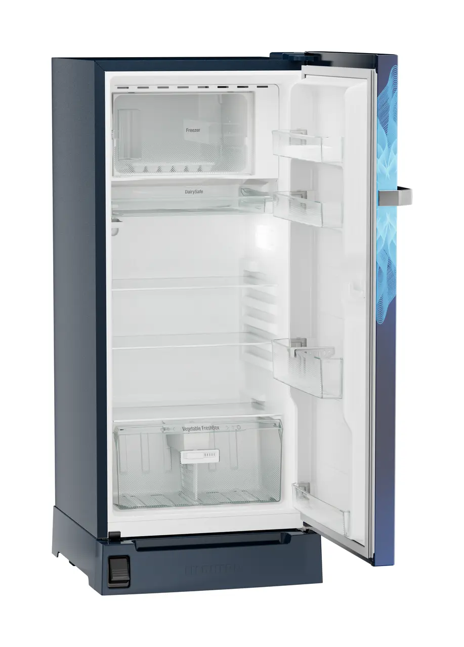 Product image, Perspective: oblique open empty, Single-door refrigerator 191 l with foot pedal base drawer and iCoolTouch UI, Casing colour: blue, Door colour: Blue Mystiq