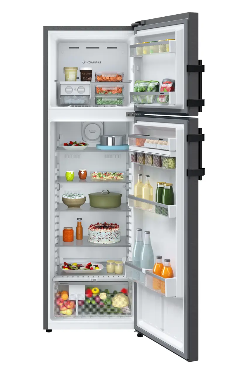 Product image, Perspective: straight open decorated, Fridge-freezer with NoFrost, Casing colour: black, Door colour: BlackSteel