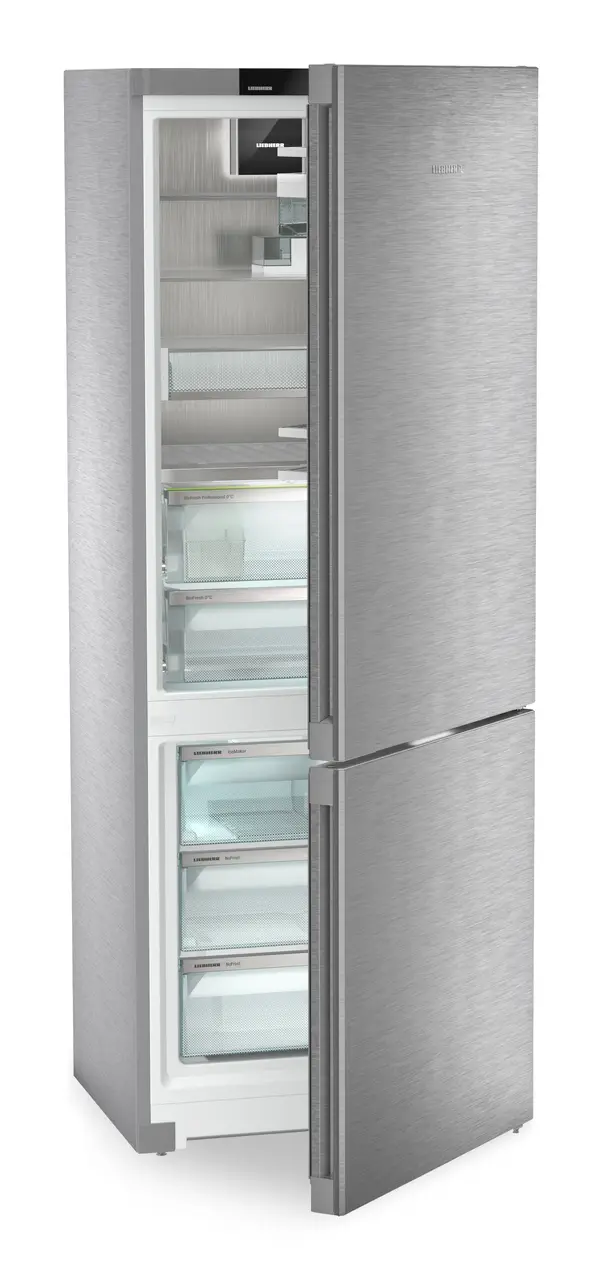 Product image, Perspective: oblique half-open empty, Fridge-freezer with BioFresh Professional and NoFrost, Casing colour: stainless steel, Door colour: stainless steel