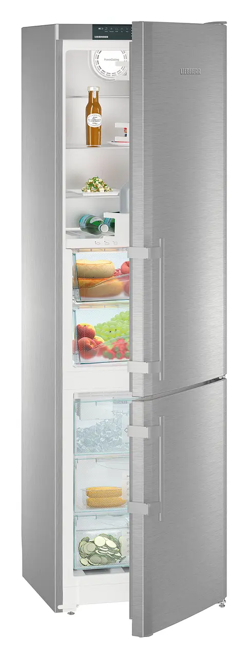 Product image, Perspective: oblique half-open decorated, Fridge-freezer with BioFresh and NoFrost, Casing colour: stainless steel, Door colour: stainless steel