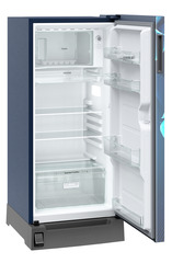 Product image, Perspective: oblique open empty, Single-door fridge 191 l in 2 star with foot pedal base drawer, Casing colour: blue, Door colour: Blue Divine