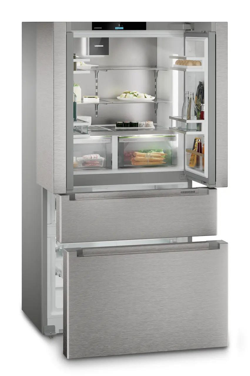 Slika izdelka, Perspektiva: Pod kotom, odprto, dekorirano, Hladilnik z zamrzovalnikom French Door z 2 zamrzovalnima predaloma ter IceMakerjem in InfinitySpring, Barva ohišja: srebrna, Barva vrat: nerjavno jeklo