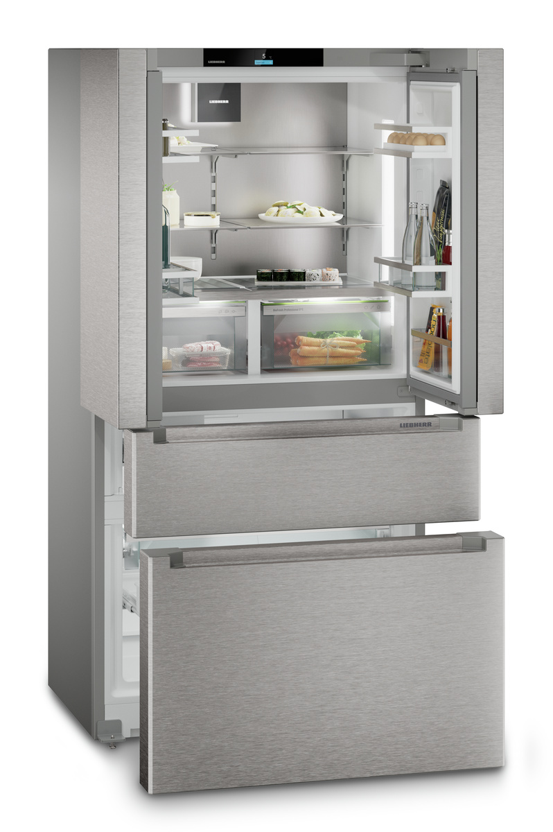 Srebrna chłodziarko-zamrażarka Liebherr French Door z otwartymi drzwiami, szufladami zamrażarki, IceMakerem i InfinitySpring