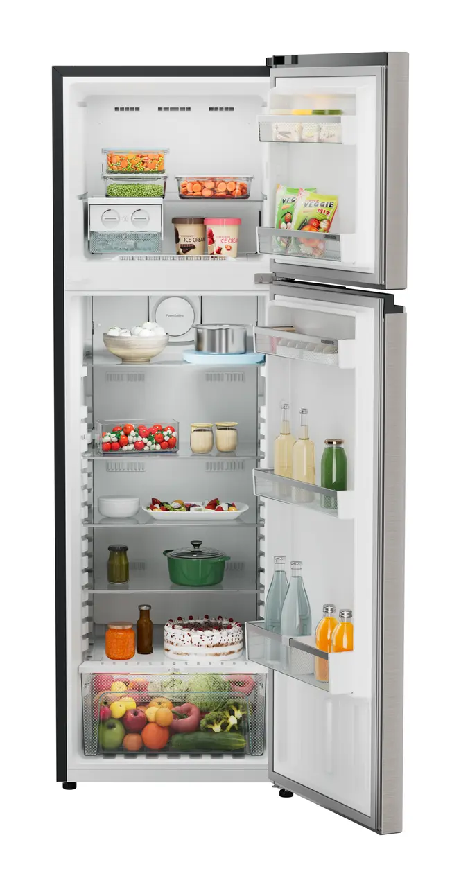 Product image, Perspective: straight open decorated, Fridge-freezer with NoFrost, Casing colour: grey, Door colour: Grey Steel