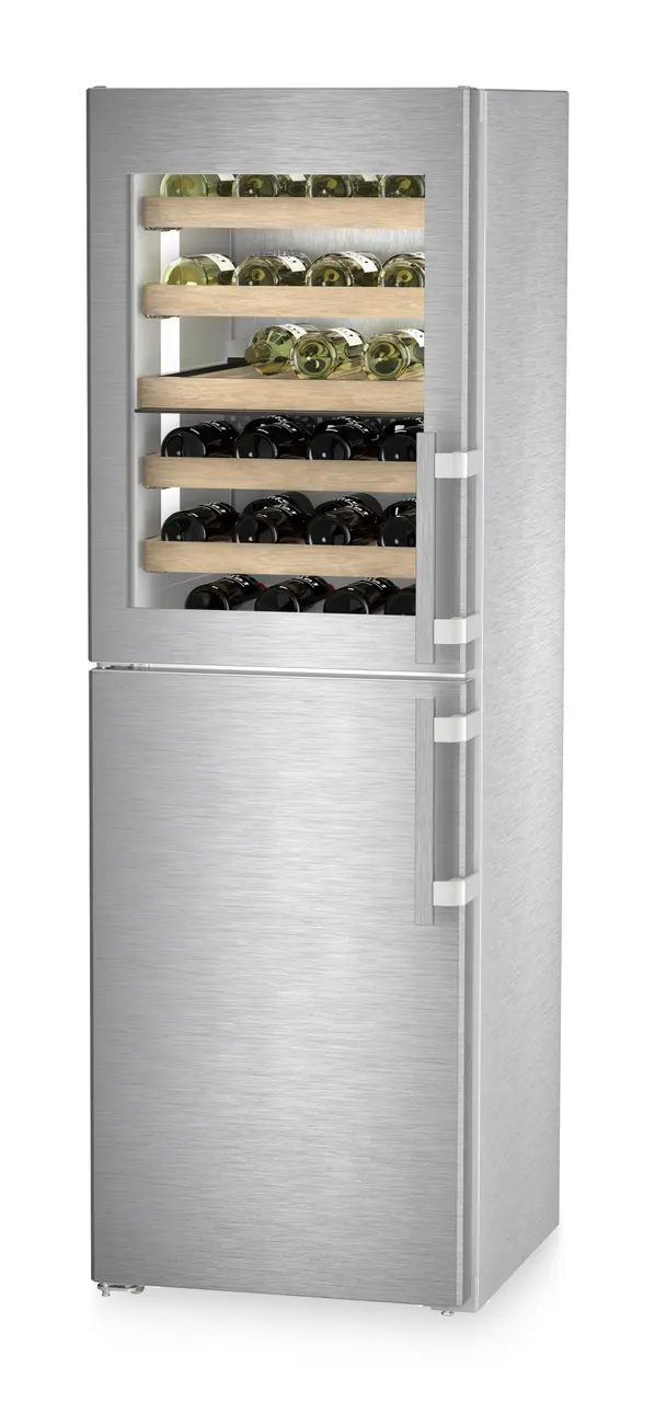 Product image, Perspective: oblique closed decorated, Combination with NoFrost freezer compartment and wine tempering compartment, Casing colour: stainless steel, Door colour: stainless steel