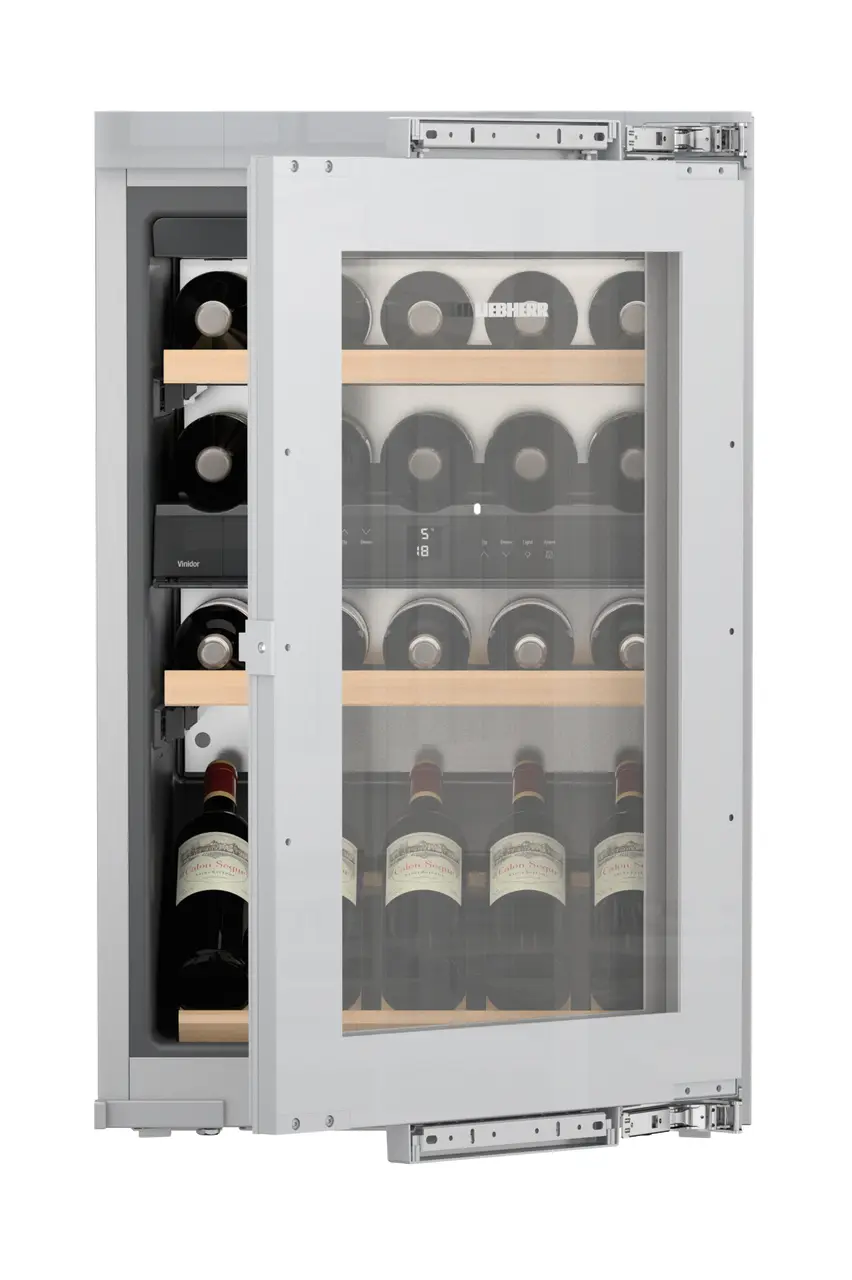 Product image, Perspective: straight half-open decorated, Built-in multi-temperature wine cabinet, Casing colour: silver, Door colour: silver
