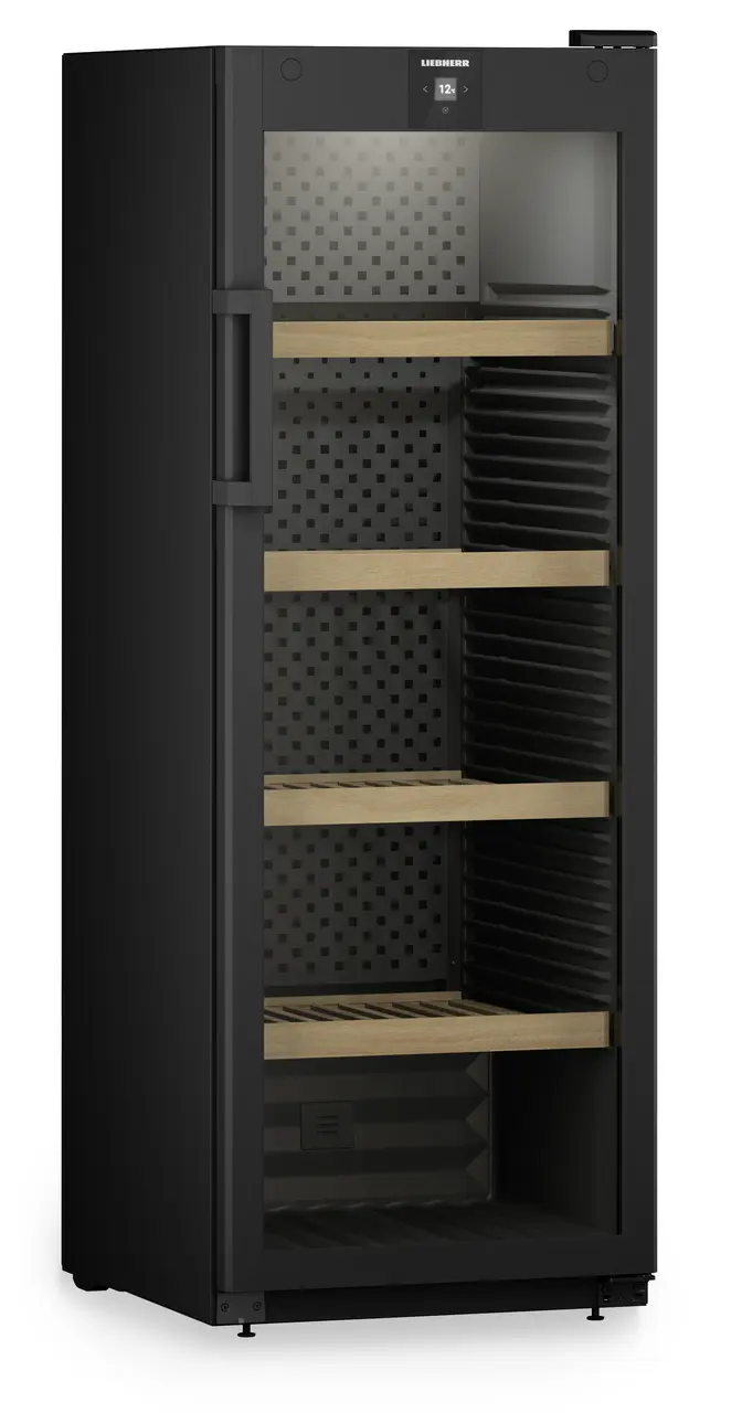 Product image, Perspective: oblique closed empty, Wine storage cabinet, Casing colour: black, Door colour: black