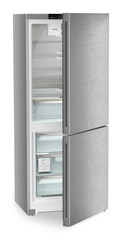 Product image, Perspective: oblique half-open empty, Combined fridge-freezers with EasyFresh and NoFrost, Casing colour: silver, Door colour: stainless steel