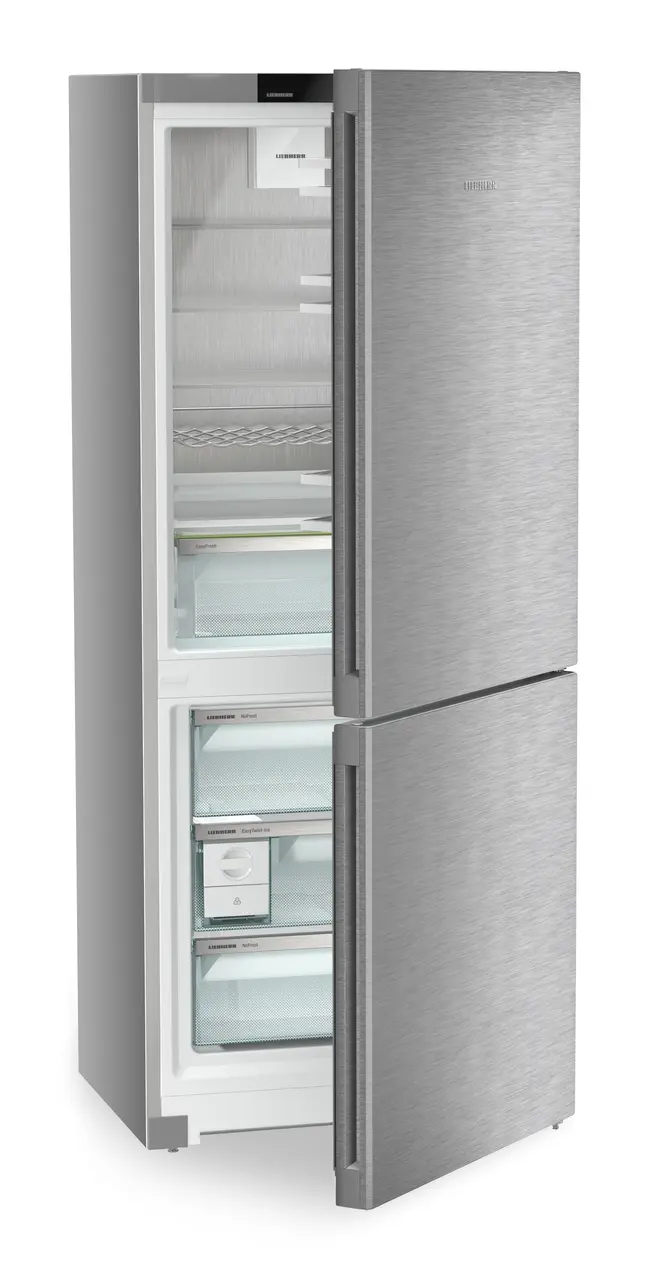 Product image, Perspective: oblique half-open empty, Combined fridge-freezers with EasyFresh and NoFrost, Casing colour: silver, Door colour: stainless steel