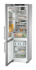 Product image, Perspective: oblique open decorated, Combined fridge-freezers with EasyFresh and NoFrost, Casing colour: stainless steel, Door colour: stainless steel