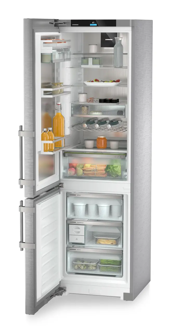 Product image, Perspective: oblique open decorated, Combined fridge-freezers with EasyFresh and NoFrost, Casing colour: stainless steel, Door colour: stainless steel