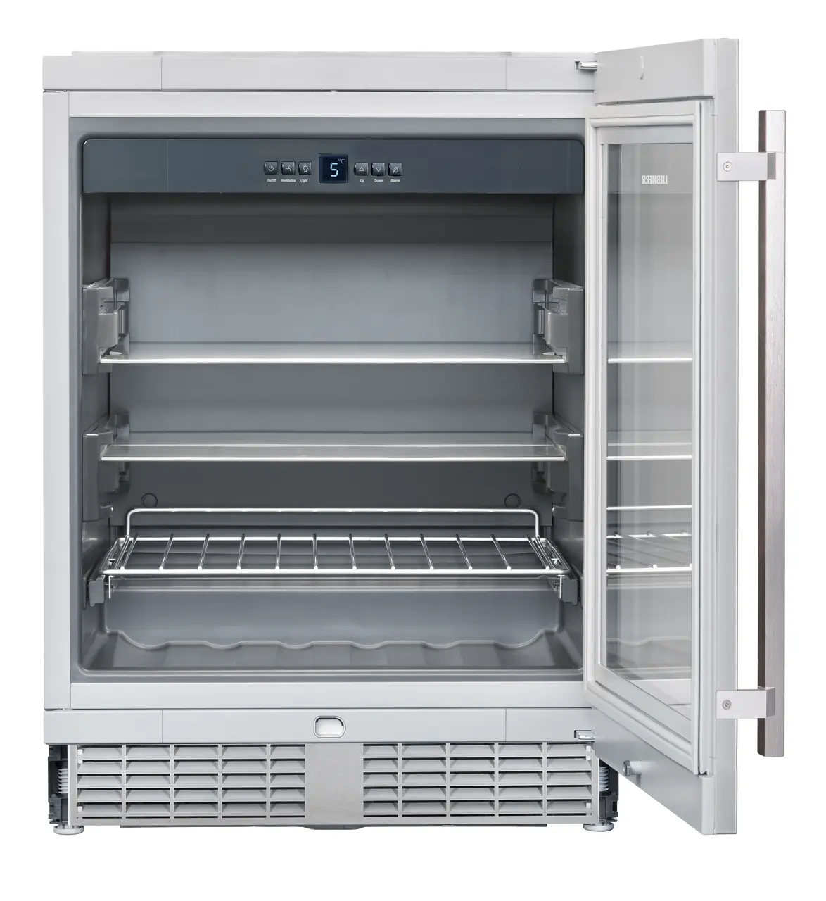 Product image, Perspective: straight open empty, Under-worktop refrigerator, Casing colour: grey, Door colour: silver