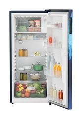 Product image, Perspective: straight open decorated, Single-door refrigerator 202 l in 3 star with VegFresh box, Casing colour: blue, Door colour: Blue Mystiq