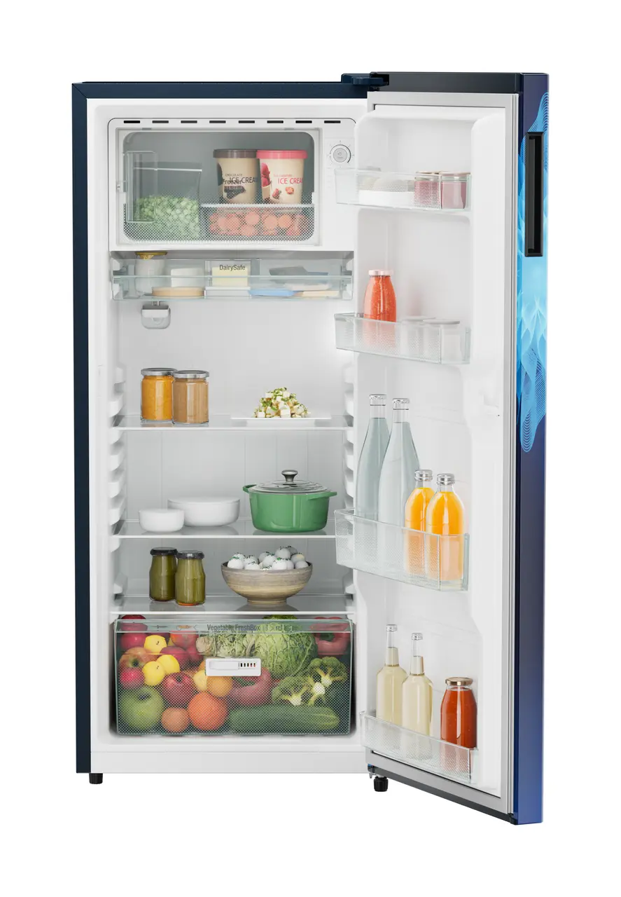 Product image, Perspective: straight open decorated, Single-door refrigerator 202 l in 3 star with VegFresh box, Casing colour: blue, Door colour: Blue Mystiq