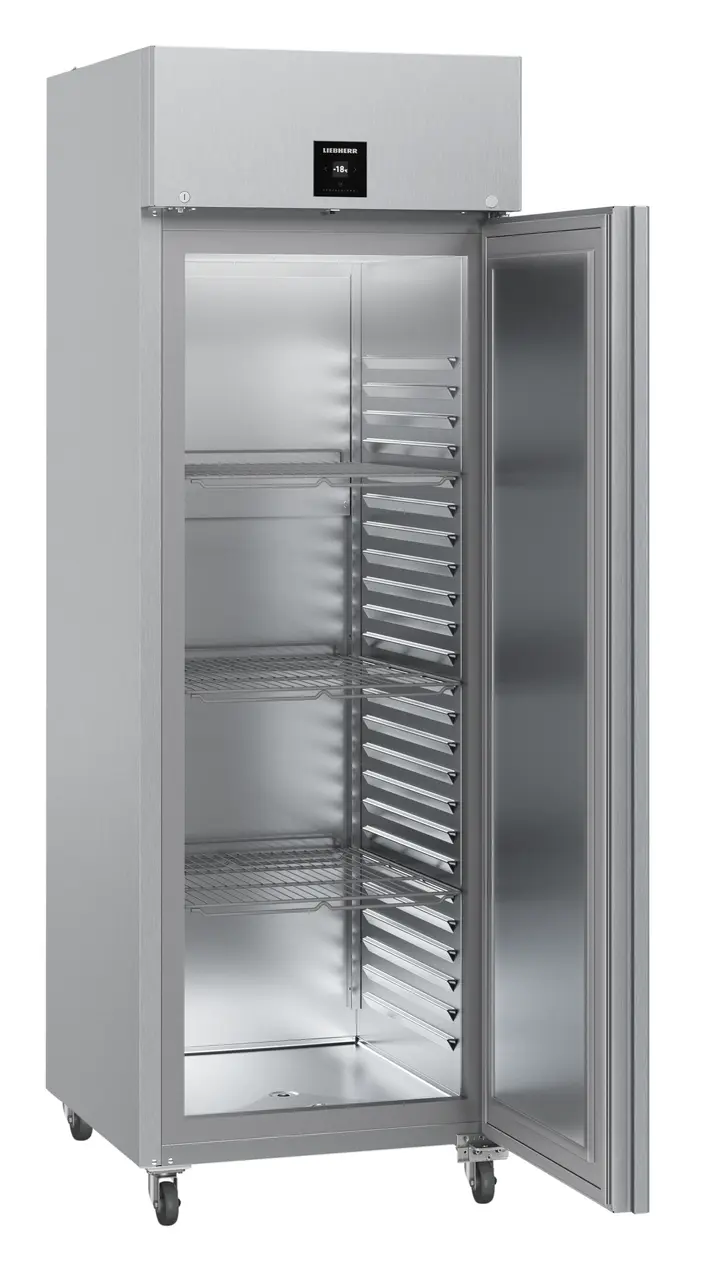 Product image, Perspective: oblique open empty, Forced-air freezer GN 2/1, Casing colour: stainless steel, Door colour: stainless steel