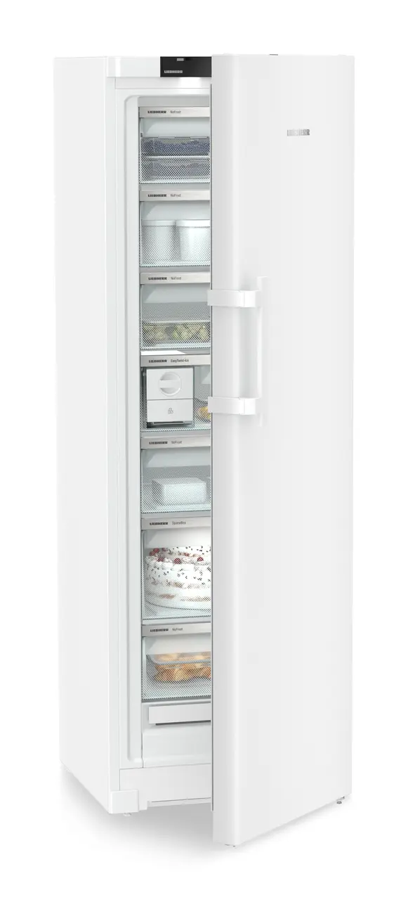 Product image, Perspective: oblique half-open decorated, Freestanding freezer with NoFrost and EasyTwist-Ice, Casing colour: white, Door colour: white