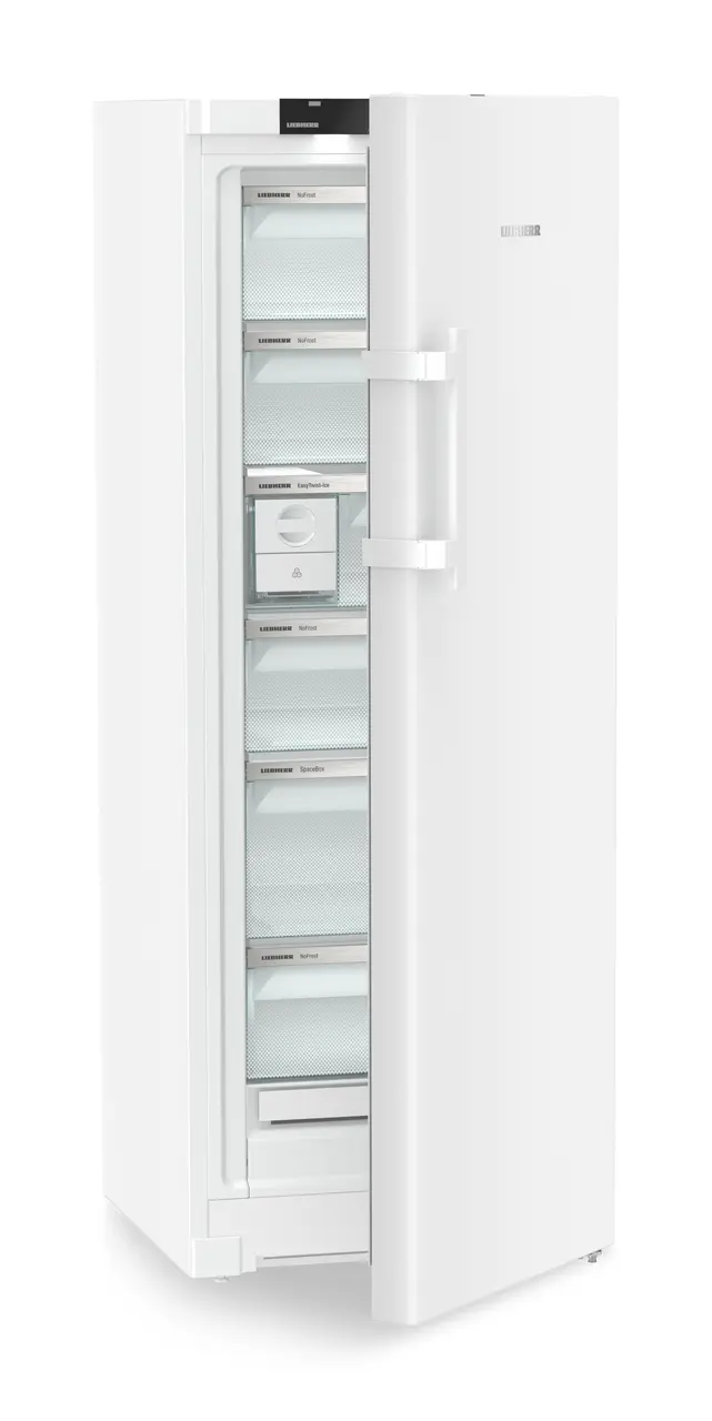 Product image, Perspective: oblique half-open empty, Freestanding freezer with NoFrost and EasyTwist-Ice, Casing colour: white, Door colour: white