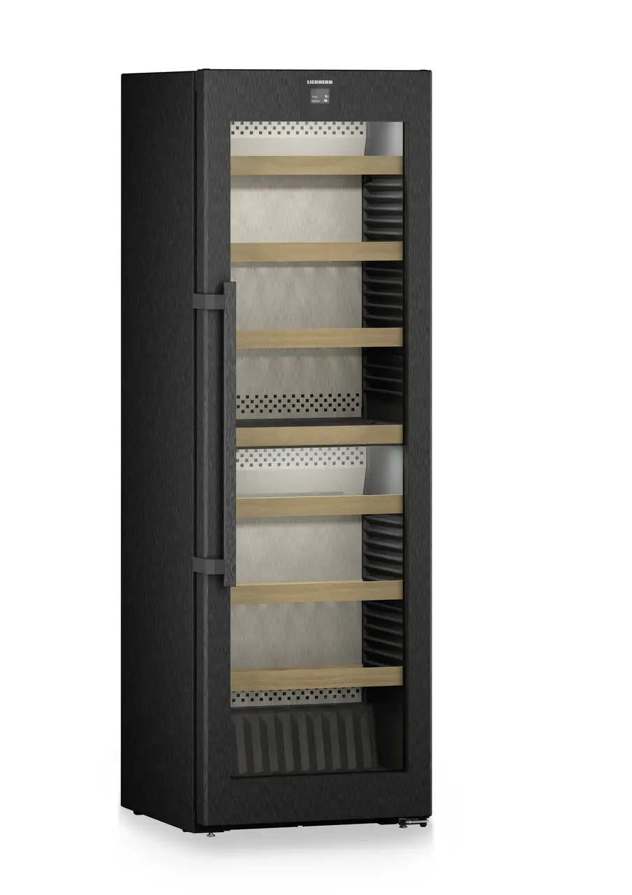 Product image, Perspective: oblique closed empty, Multi-temperature wine cabinet, Casing colour: BlackSteel, Door colour: BlackSteel