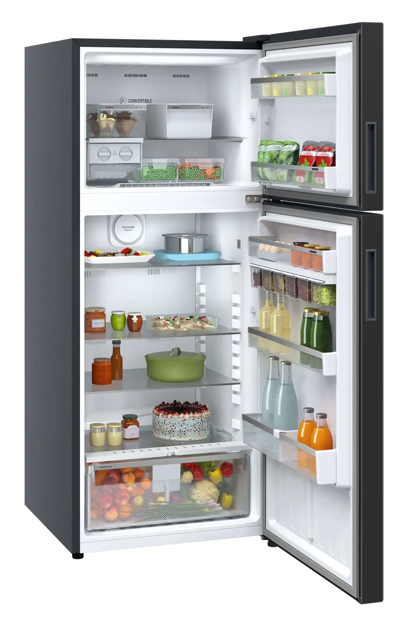 Product image, Perspective: oblique open decorated, Fridge-freezer with NoFrost, Casing colour: grey, Door colour: Black Gloss