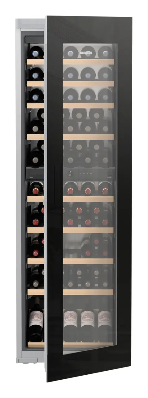 Product image, Perspective: straight half-open decorated, Built-in multi-temperature wine cabinet, Casing colour: silver, Door colour: GlassBlack