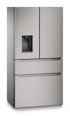 Product image, Perspective: oblique closed, French door fridge-freezer with 2 freezer drawers and water and ice cube dispenser, Casing colour: silver, Door colour: stainless steel