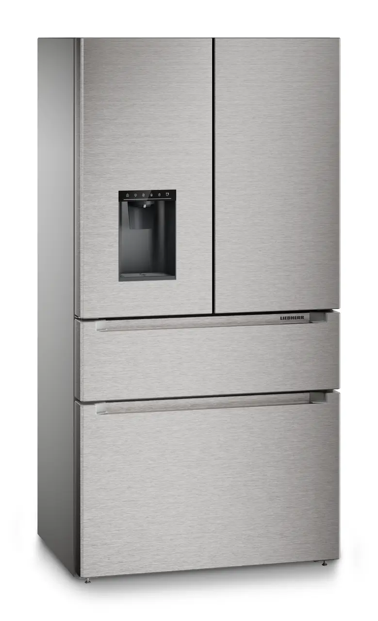 Product image, Perspective: oblique closed, French door fridge-freezer with 2 freezer drawers and water and ice cube dispenser, Casing colour: silver, Door colour: stainless steel