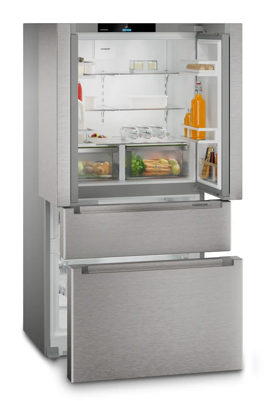 Product image, Perspective: oblique open decorated, French Door fridge-freezer with 2 freezer drawers with IceMaker, Casing colour: silver, Door colour: stainless steel