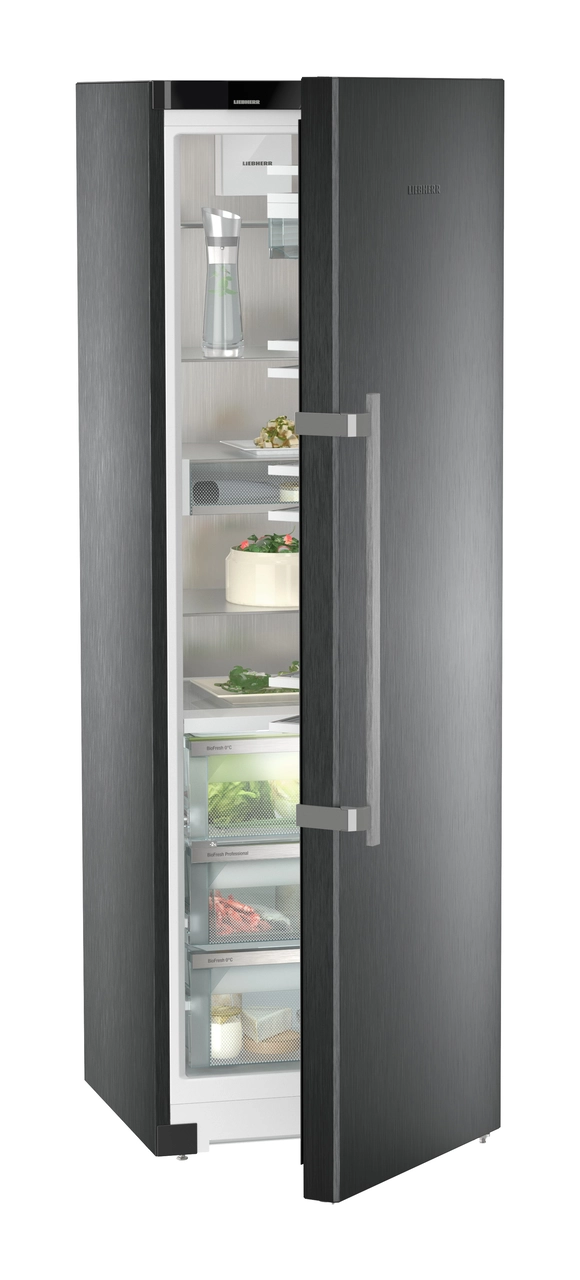 Product image, Perspective: oblique half-open decorated, Freestanding refrigerator with BioFresh Professional, Casing colour: BlackSteel, Door colour: BlackSteel