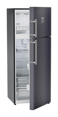 Product image, Perspective: oblique half-open empty, Fridge-freezer with NoFrost, Casing colour: grey, Door colour: Cobalt Steel