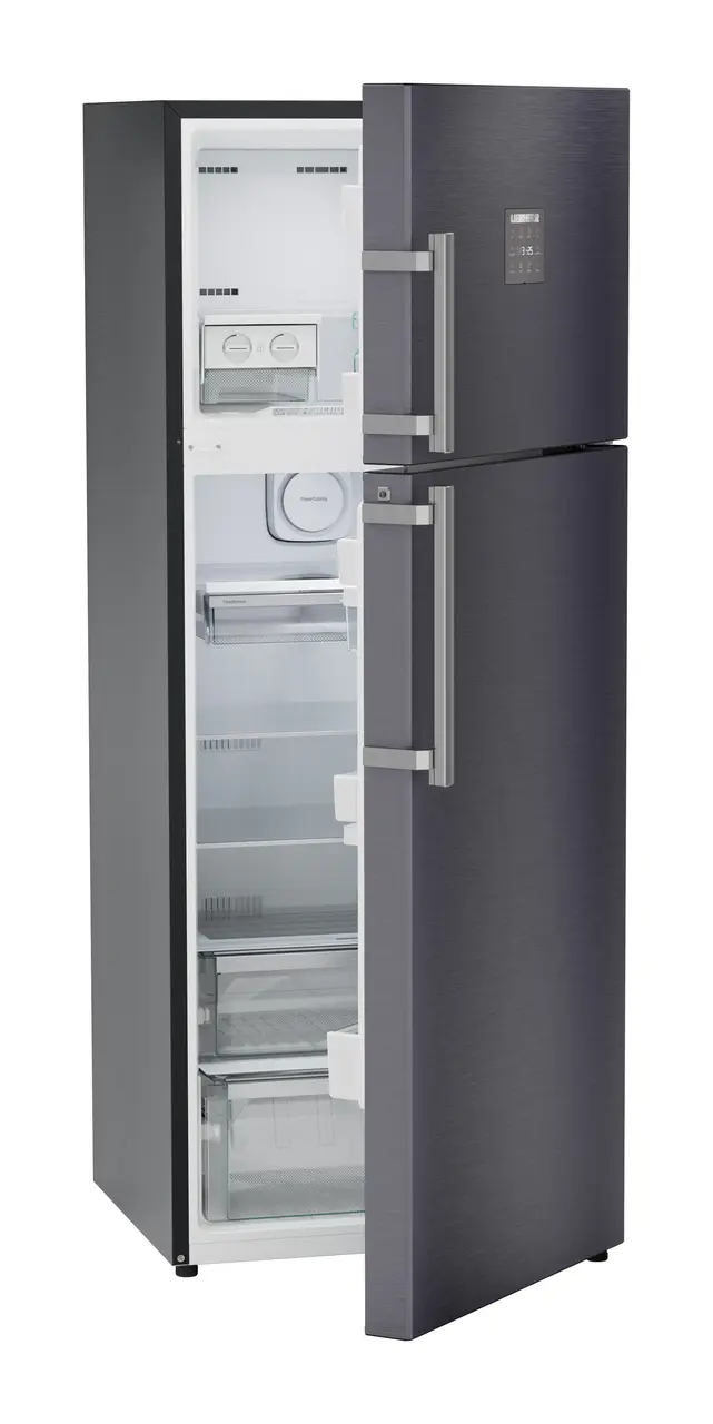 Product image, Perspective: oblique half-open empty, Fridge-freezer with NoFrost, Casing colour: grey, Door colour: Cobalt Steel