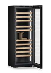 Product image, Perspective: oblique open empty, Multi-temperature wine cabinet, Casing colour: BlackSteel, Door colour: GlassBlack