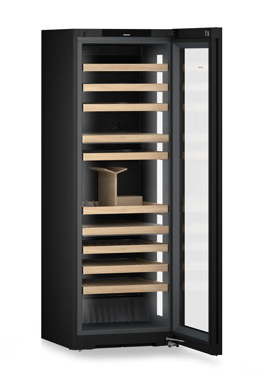 Product image, Perspective: oblique open empty, Multi-temperature wine cabinet, Casing colour: BlackSteel, Door colour: GlassBlack