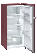 Product image, Perspective: oblique open empty, Single-door refrigerator 191 l in 3 star and horizontal handle, Casing colour: red, Door colour: Red Rosette