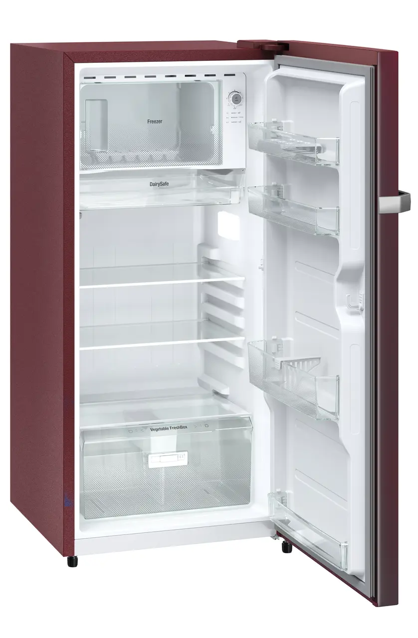 Product image, Perspective: oblique open empty, Single-door refrigerator 191 l in 3 star and horizontal handle, Casing colour: red, Door colour: Red Rosette