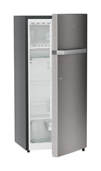 Product image, Perspective: oblique half-open empty, Single-door refrigerator 202 l in 3 star and horizontal handle, Casing colour: grey, Door colour: Stainless Steel