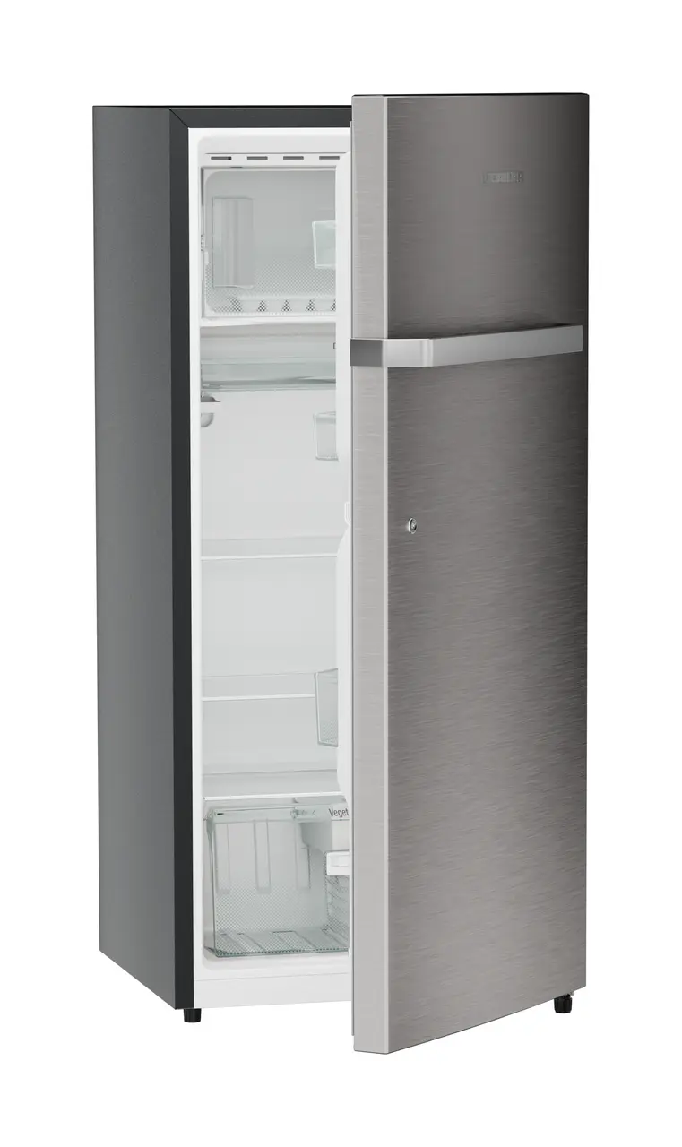 Product image, Perspective: oblique half-open empty, Single-door refrigerator 202 l in 3 star and horizontal handle, Casing colour: grey, Door colour: Stainless Steel