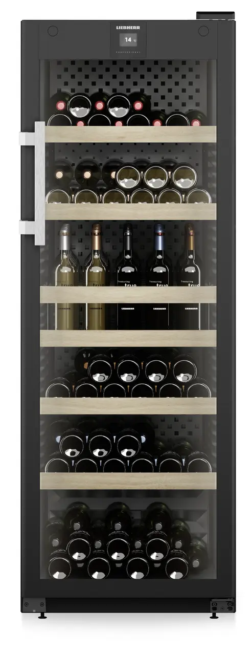 Produkt-Bild, Perspektive: gerade geschlossen dekoriert, Weinschrank Professional, Gehäusefarbe: Schwarz, Türfarbe: Schwarz