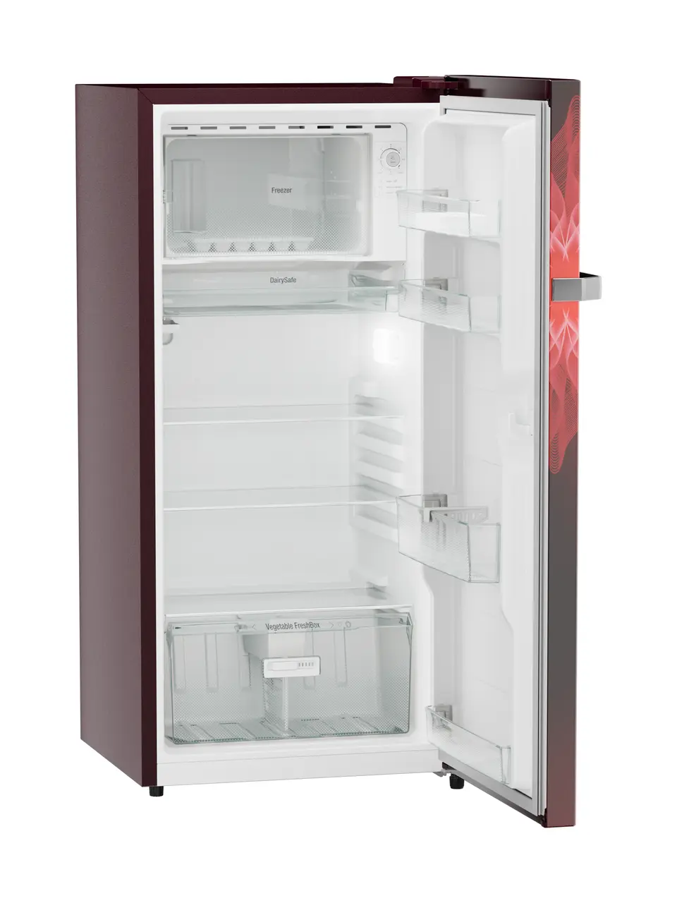 Product image, Perspective: oblique open empty, Single-door refrigerator 191 l in 3 star and horizontal handle, Casing colour: red, Door colour: Red Mystiq