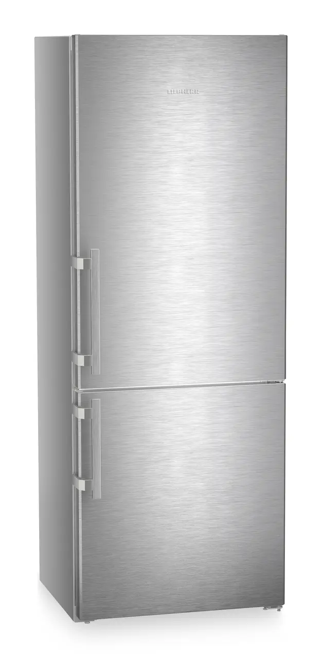 Product image, Perspective: oblique closed, Combined fridge-freezers with EasyFresh and NoFrost, Casing colour: silver, Door colour: stainless steel