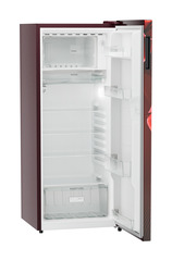Product image, Perspective: oblique open empty, Single-door refrigerator 222 l in 3 star with VegFresh box, Casing colour: red, Door colour: Red Divine