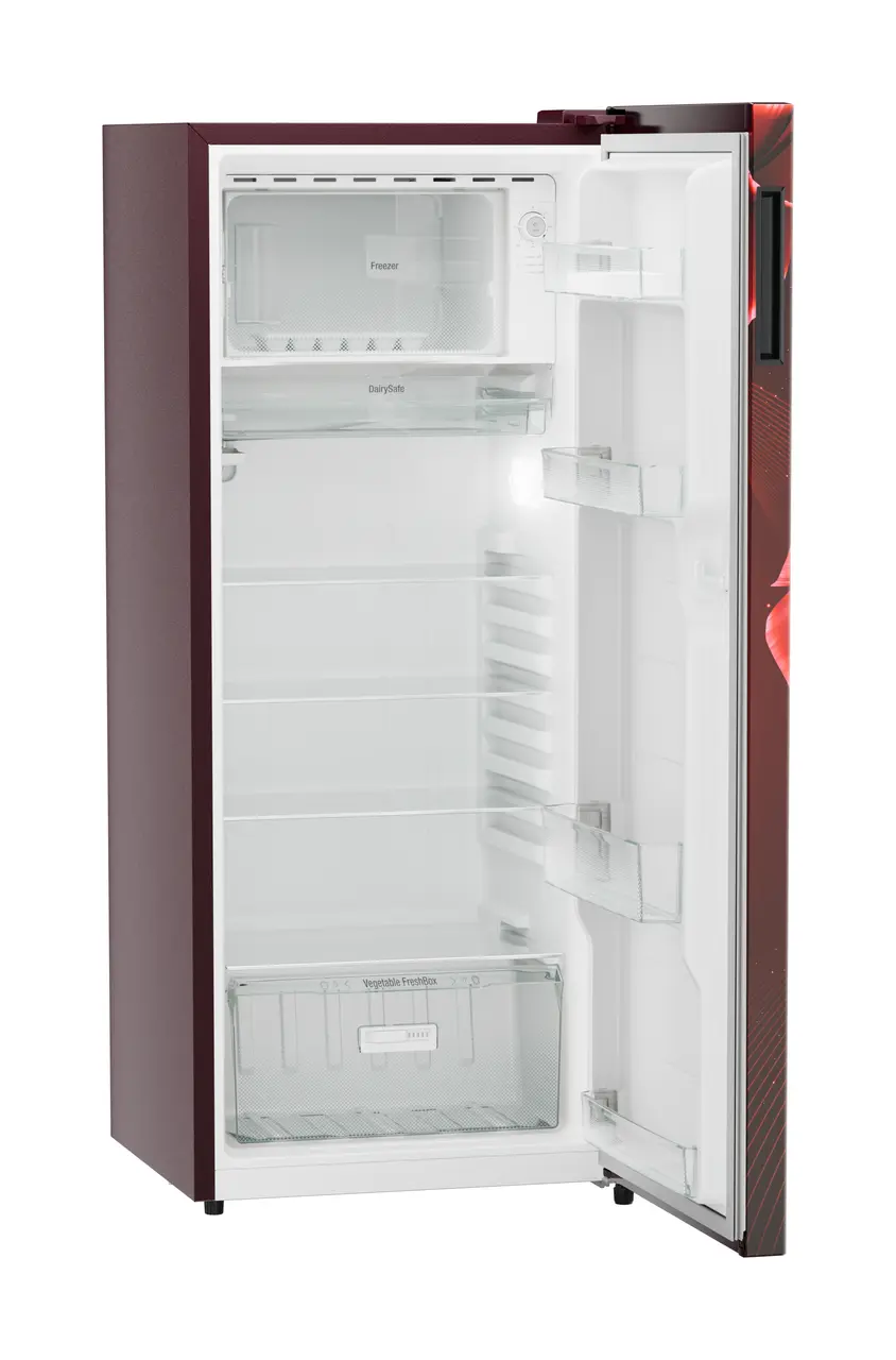 Product image, Perspective: oblique open empty, Single-door refrigerator 222 l in 3 star with VegFresh box, Casing colour: red, Door colour: Red Divine